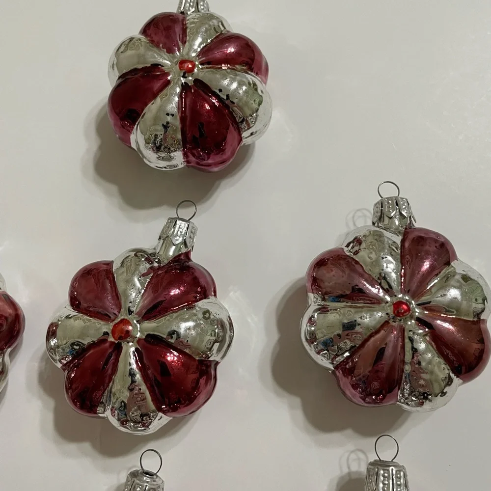 Vintage Set/10 mcm hand blown mercury glass silver red flower ornaments